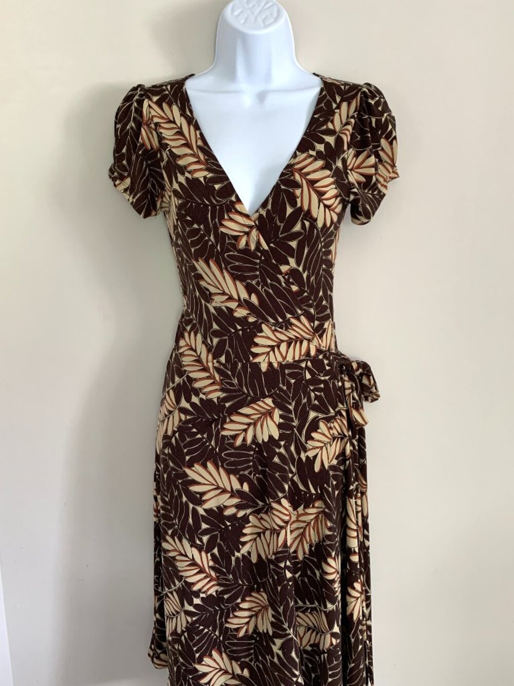 Vintage Brown Cream Tropical Floral Boho Wrap Dress Puff Sleeve M Retro